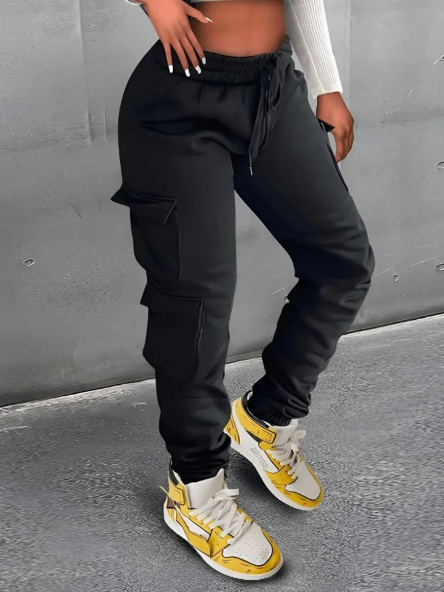 LW Plain Pocket Sweatpants Side Pockets Drawstring Cargo Pants Women Stretchy Trendy Casual Trousers