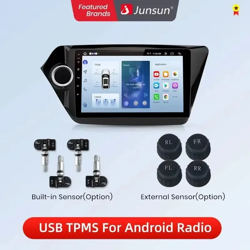 Junsun-USB نظام إنذار لمراقبة ضغط الإطارات ، TPMS مع 4 أجهزة استشعار داخلية ، ملاحة مشغل دي في دي للسيارة ، إكسسوارات السيارة