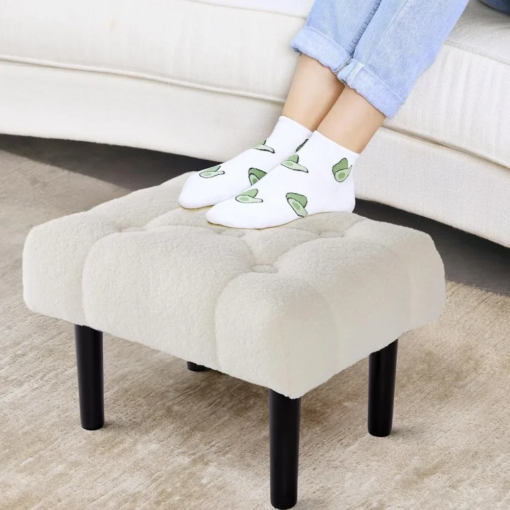 Fur upholstered footstool, small footstool with wooden legs, modern rectangular chair footstool footrest for living room