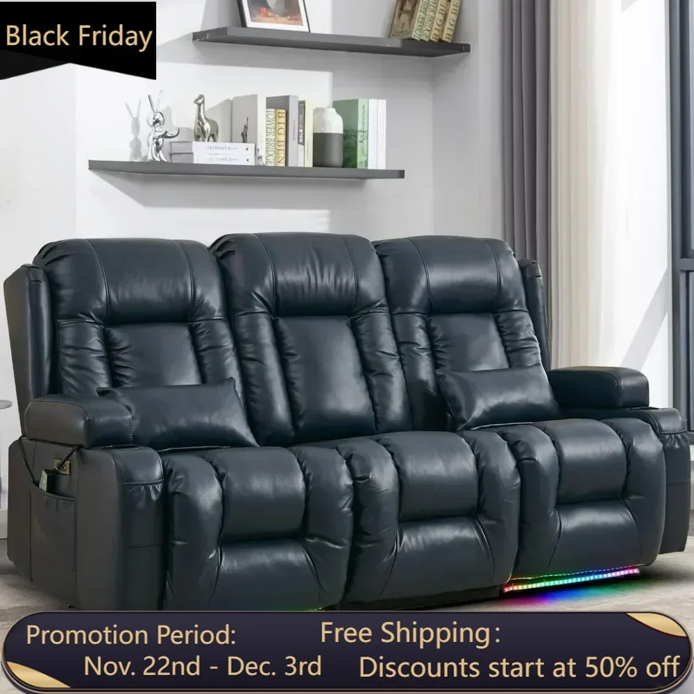 Recliner Sofas, LED Ambient Light, Flipped Middle Backrest/Bluetooth Speakers/USB/Built-in Outlets, Faux Leather Theater Seating