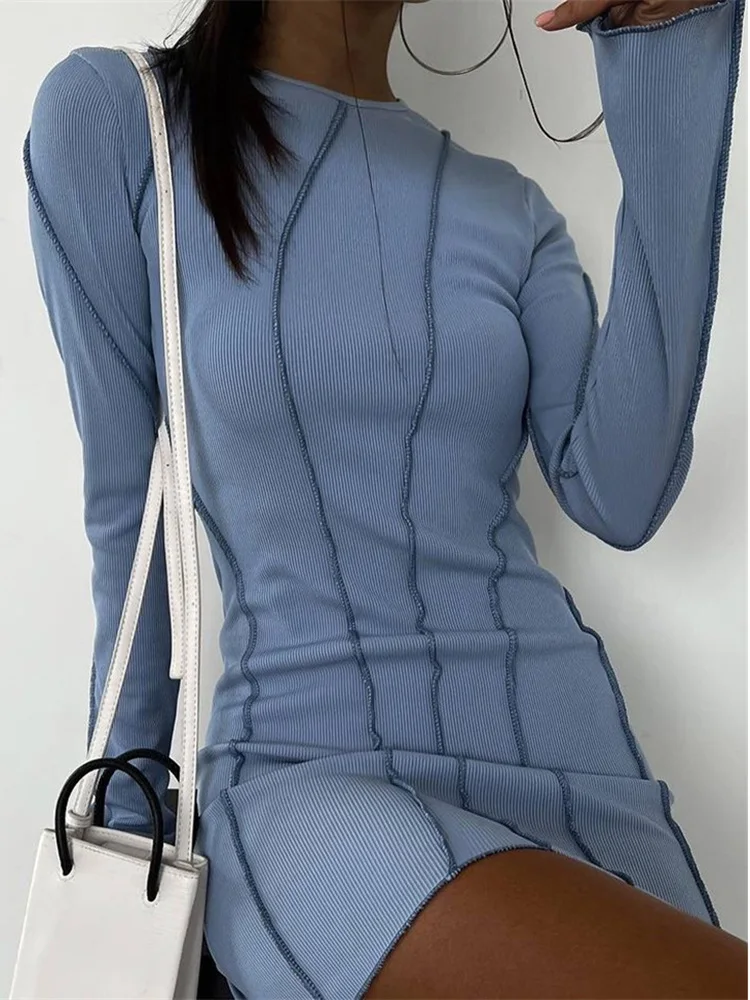 

Женское трикотажное платье, повседневное облегающее платье с круглым вырезом, трикотажное мини-платье-свитер, осень 2023