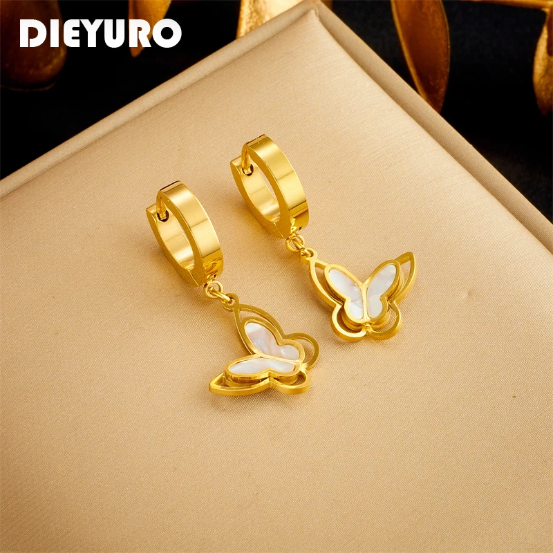 DIEYURO 316L Stainless Steel Gold Color Butterfly Pendant Earrings For Women Girl Ear Buckle Fashion New Trendy Jewelry Gifts