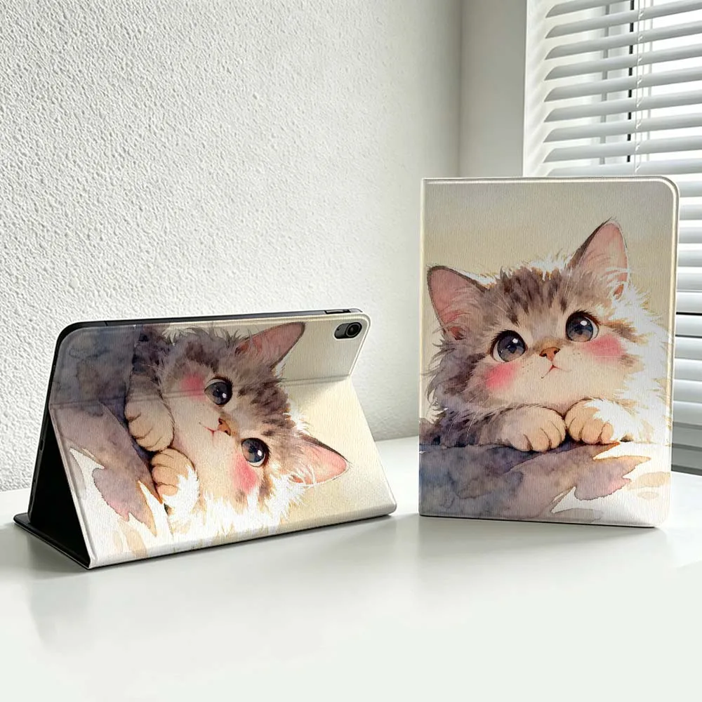 Cartoon Fluffy Kitten Face For iPad Pro Air mini 7 6 5 4 3 2 1 9gen M5 M4 11th 10th A17 Pro A16 Soft Inch Tablet Case Cover