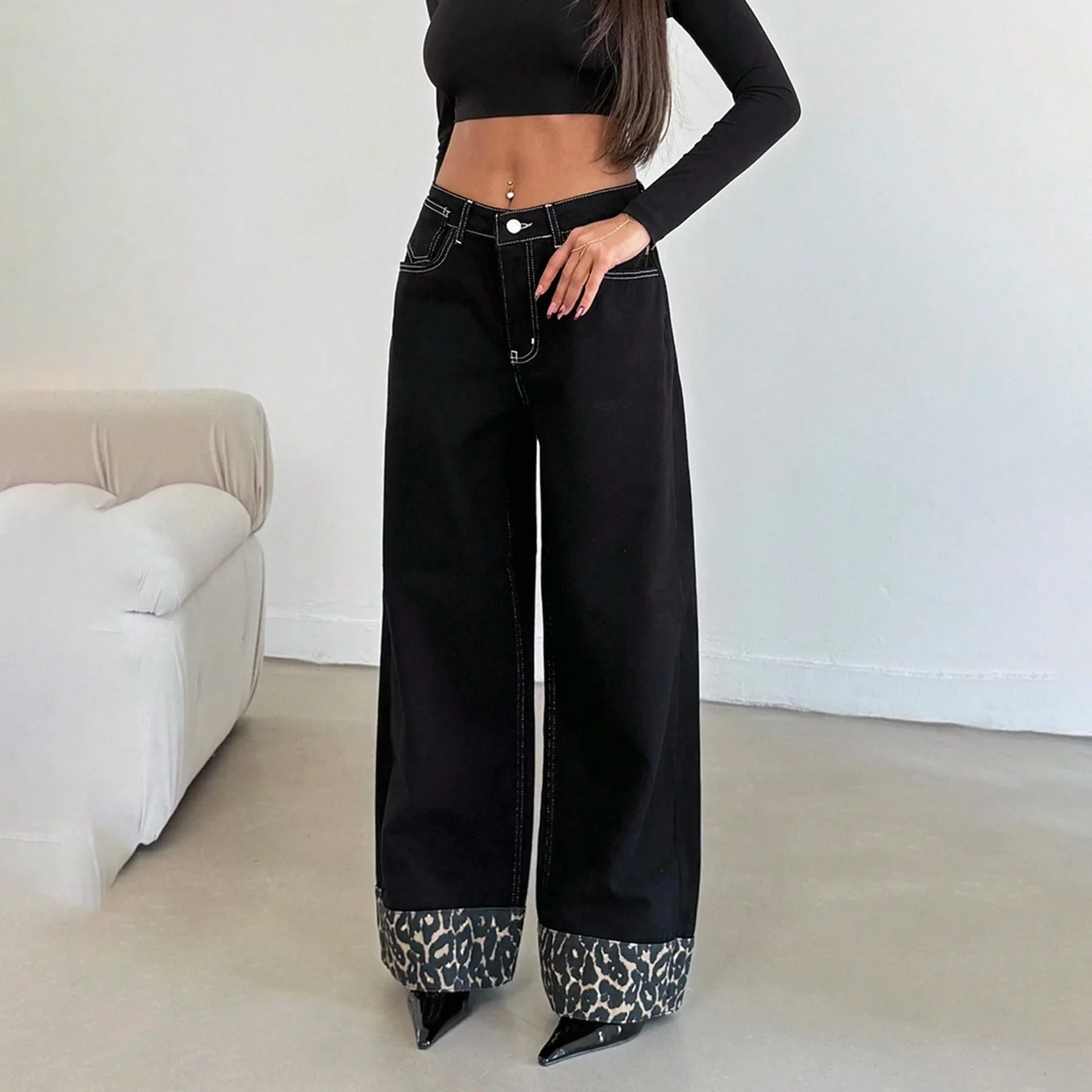 Pantalones vaqueros de pierna ancha con retales de leopardo para mujer, pantalones vaqueros holgados versátiles a la moda de cintura alta para otoño