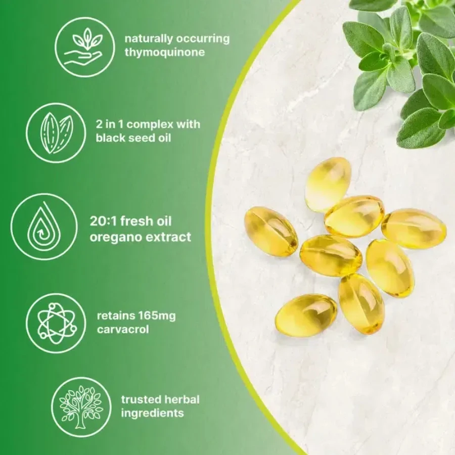 300 كبسولة زيت الأوريجانو مع زيت البذور السوداء - مضادات الأكسدة الطبيعية لدعم اللياقة البدنية الغذائية - فعالة للغاية