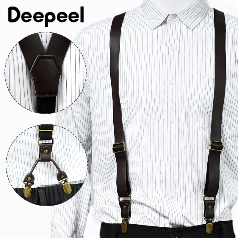 

25mm Retro Suspenders for Men PU Leather Man Braces with 4 Clips Y-Type Adjust Wide Strap Harness Jockstrap Suspender for Pants