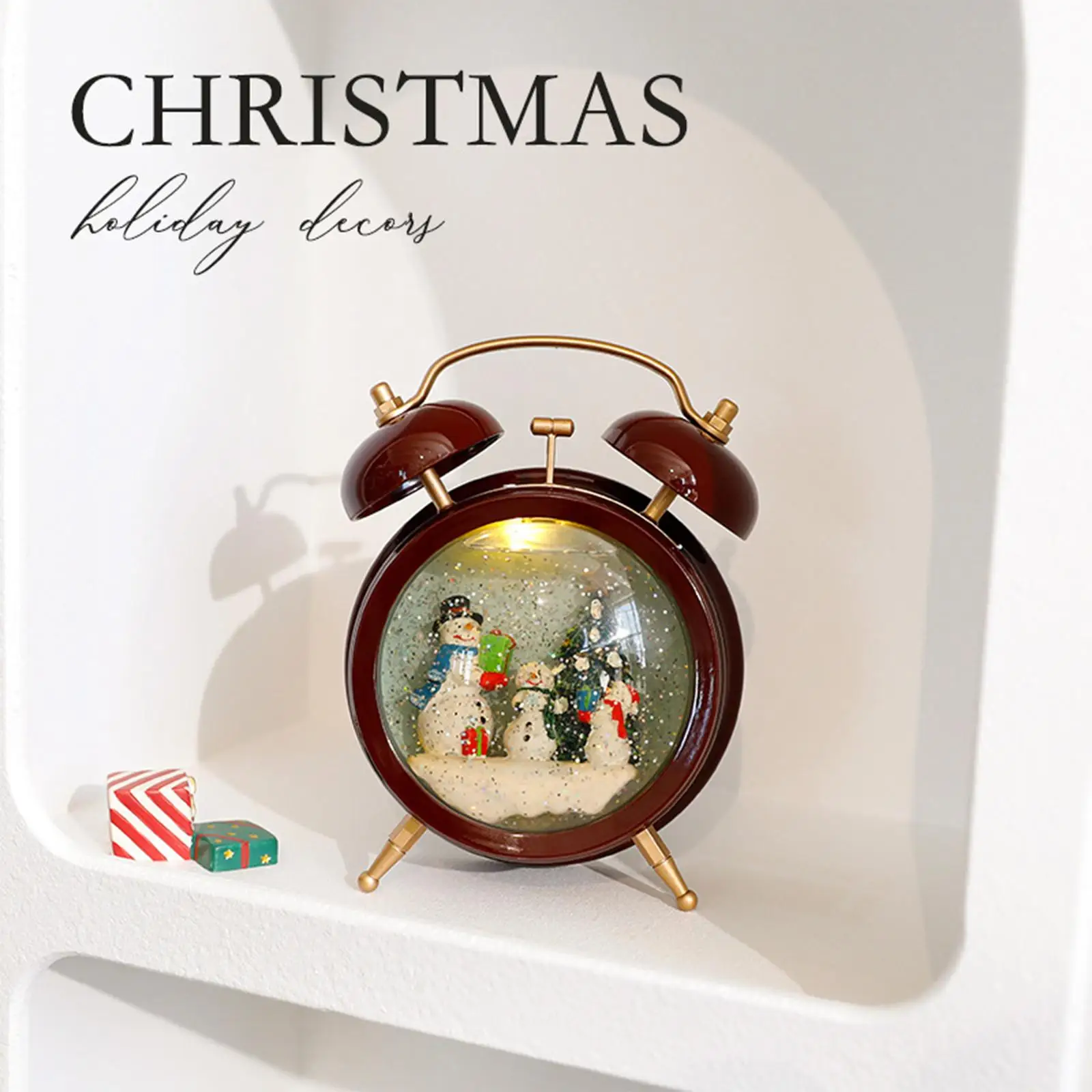 Alarm Clock Christmas Snow Globe Holiday Miniature Crafts Wood Snow Floats Christmas Party Gift Gift Home Desktop Ornament