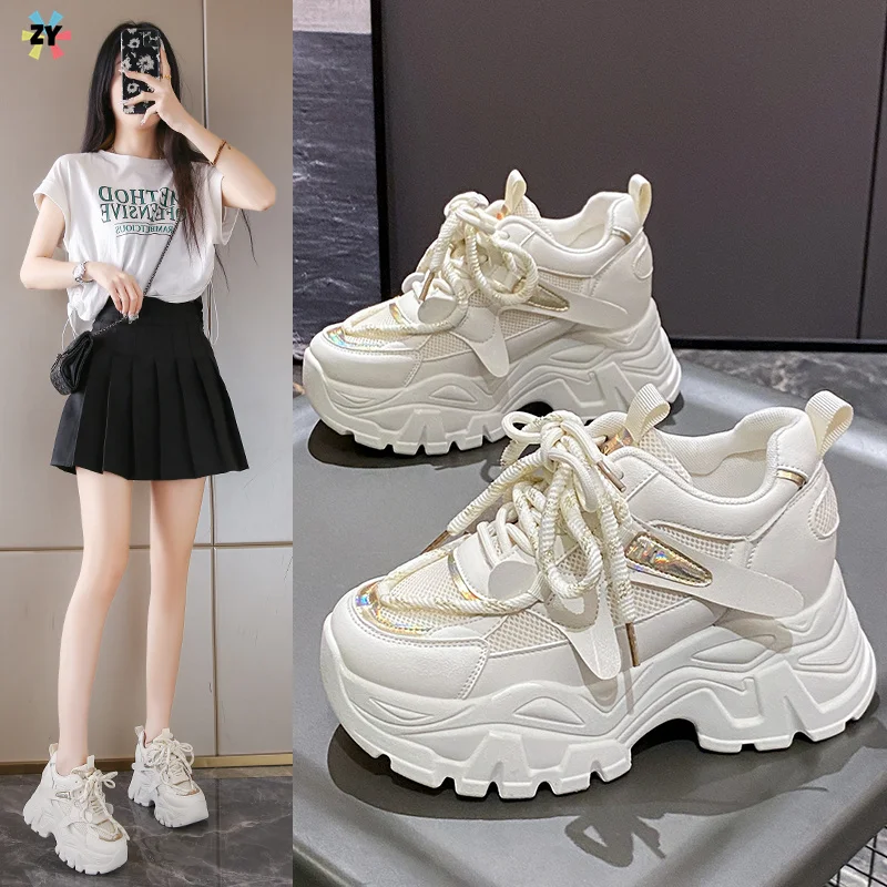 

Women's Fashion Chunky Sneakers Thick Bottom Lace Up Vulcanized Shoes Woman Non Slip Platform Sports Shoes for Lady