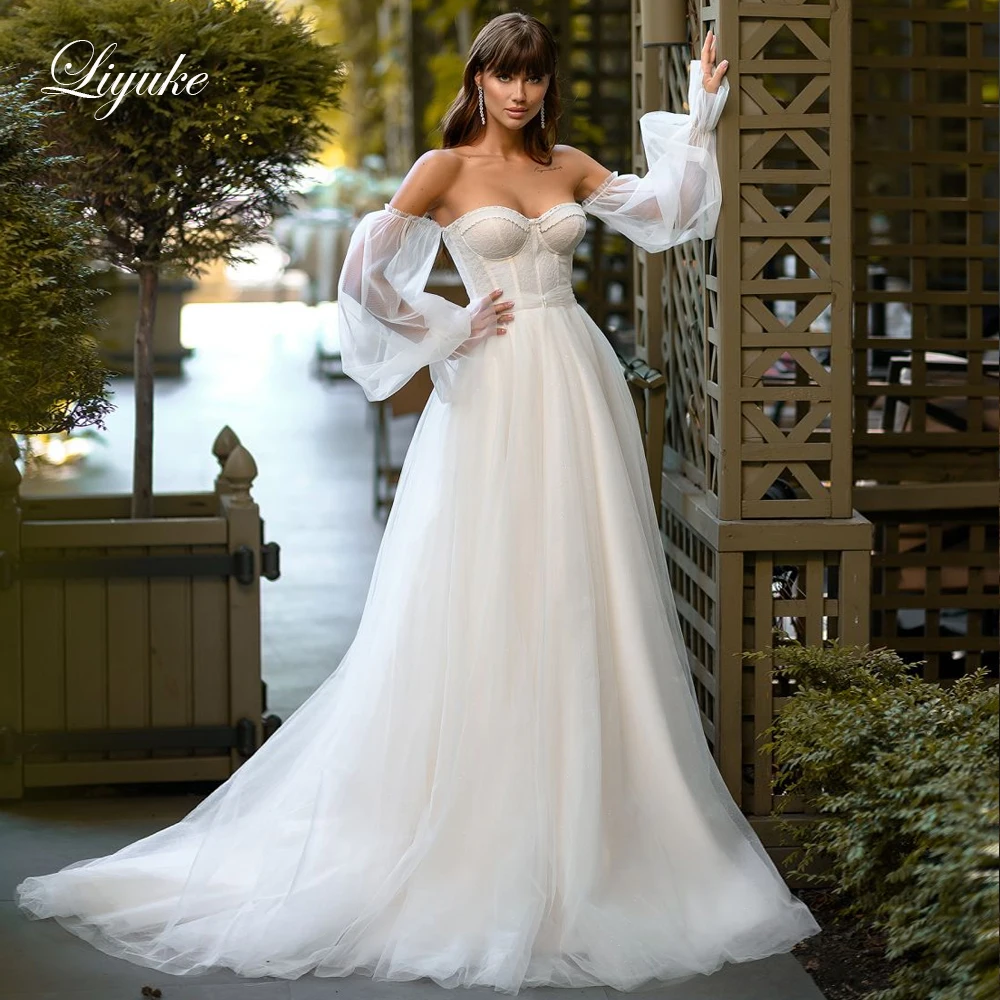 Liyuke Simple Style A-Line Wedding Dress Off Shoulder Sleeves Sweetheart Bridal Gowns