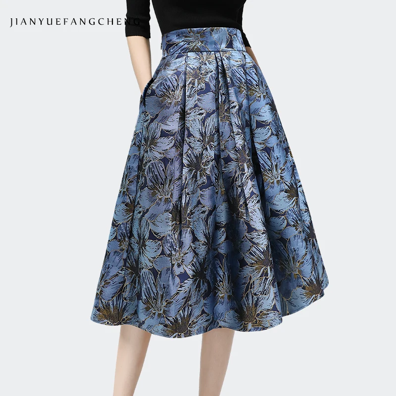 Pleated Blue Jacquard Skirt Women High Waist A-Line Midi Skirts 2021 Autumn New Vintage Elegant Plus Size Female Casual Bottoms