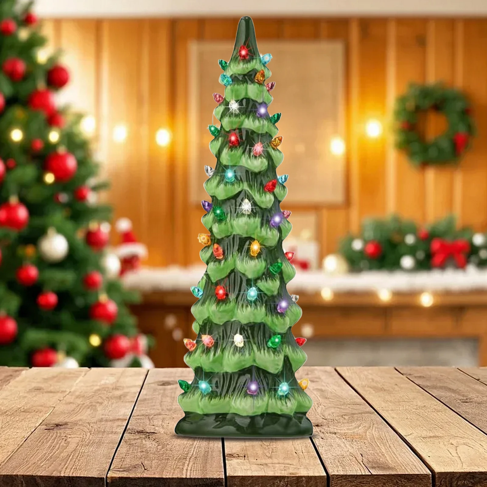 أشجار عيد الميلاد الرجعية المرسومة يدويًا على سطح الطاولة مع أضواء شجرة عيد الميلاد الراتنج المرسومة يدويًا لتزيين سطح المكتب والمكتب المنزلي