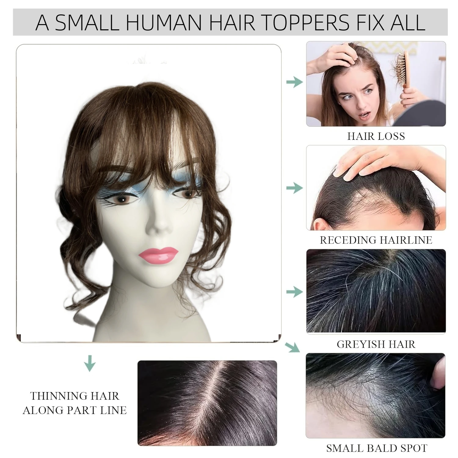 35cm Body Wavy Human Hair Toppers for Women with Bangs Curly Topper Clip-in Hair Extension Piece to Block Sparse Hair Seams