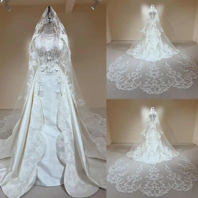

Luxury Custmized One Layer Wedding Veils Cathedral Length Bridal Veils Lace Appliques WithComb Marriage Accessories