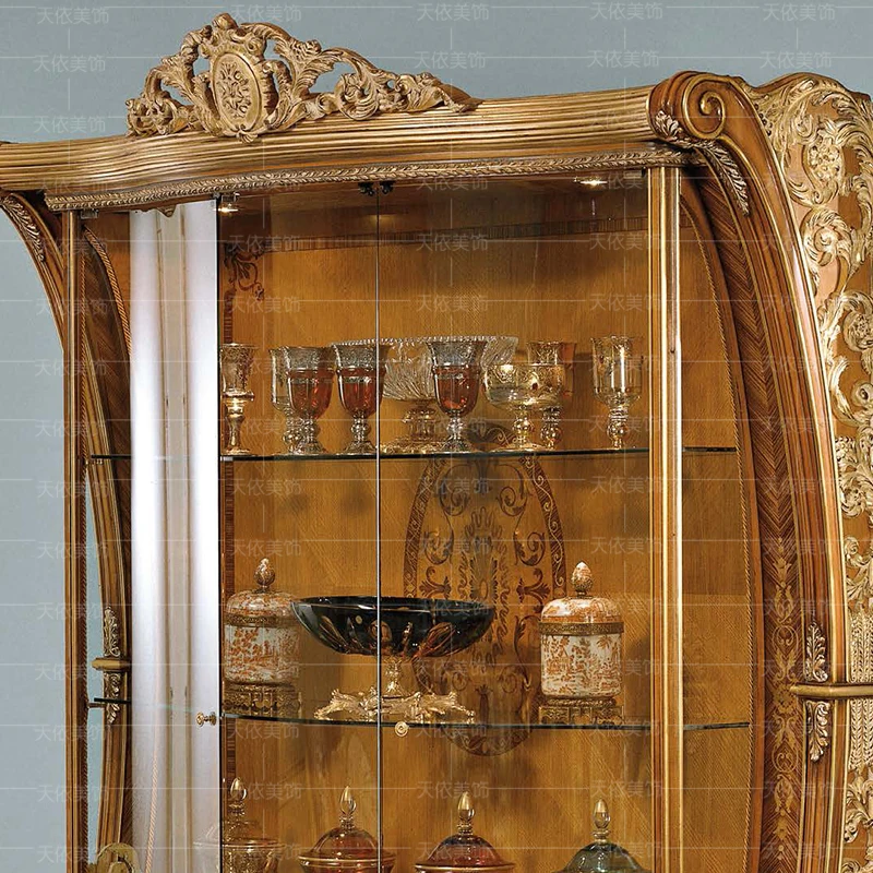 باب زجاجي أوروبي من الخشب الصلب المنحوت على شكل زهرة النبيذ القديم وخزانة حائط لغرفة المعيشة