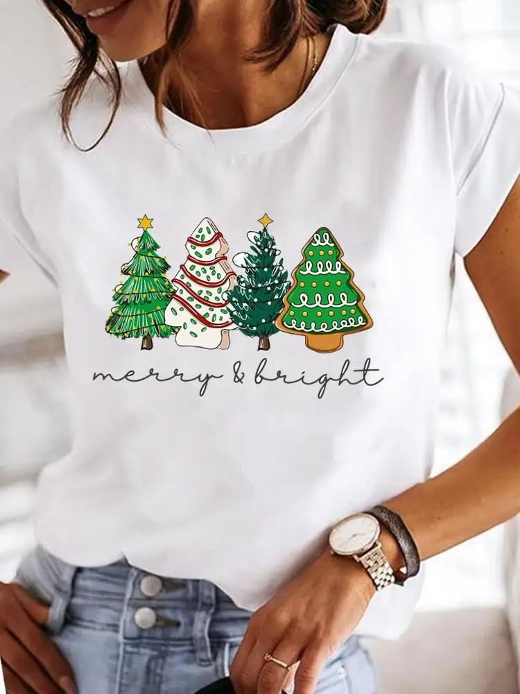 

Cartoon Tree Style New Year Holiday Tee Clothing Women Fashion Merry Christmas Print Graphic Short Sleeve T Female T-shirts