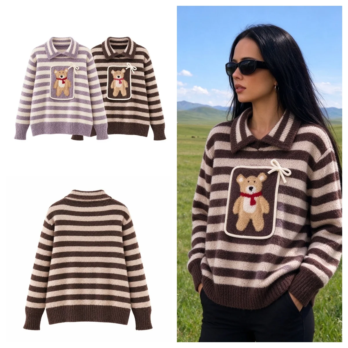 Guobioziy 2026 Autumn Cute Striped Polo Collar Sweater Women Teddy Bear Patch Pocket Soft Fuzzy Knit Top For Casual Daily Wear