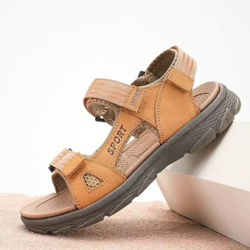 

Мужские повседневные спортивные сандалии из натуральной кожи больших размеров, летние, новые, с открытым носком, на мягкой подошве, износостойкие, на липучке, для активного отдыха и пляжа