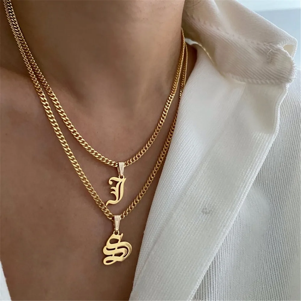 Gothic Initial Chain Choker Necklace Letter Old English Z A B C D Summer Famme Jewelry Stainless Steel Pendant Necklaces Gift