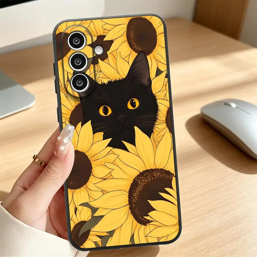 Black Cat Sunflower Phone Cover Case for Samsung Galaxy A57 A73 A51 A25 A16 A55 A37 A53 A17 A52 A36 A05 A06 A23 A15 A50 A13 A41