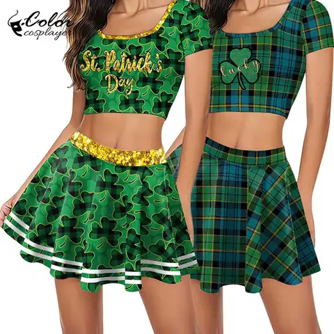 Color Cosplayer St. Patrick's Day Skirt Suit Lucky Shamrock Tops Set Cheerleaders Wear Patron Saint Cosplay Costume Carnival Tee