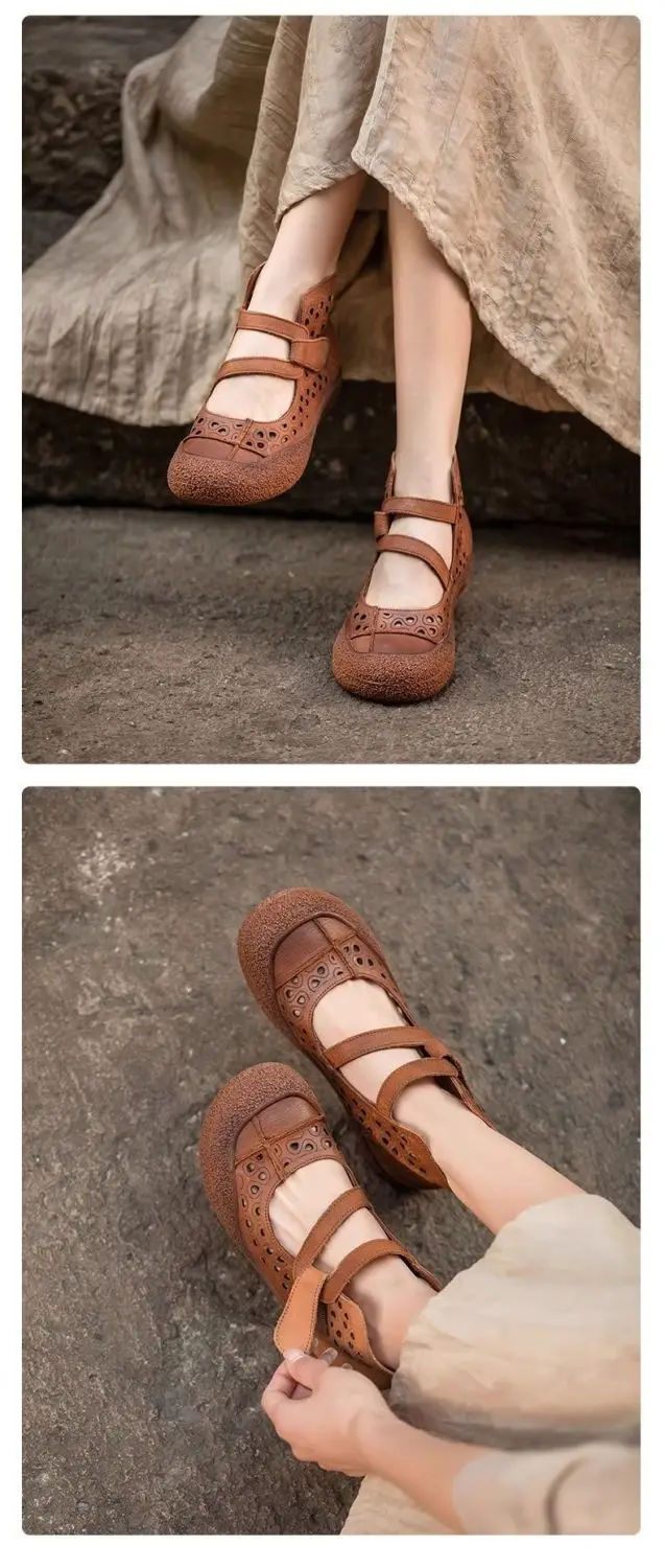 Sommerliche, atmungsaktive Stiefeletten aus echtem Leder, Sandalen für Damen, hohl geschnittene Schnürstiefeletten, handgefertigte flache Freizeitstiefel-Sandalen für Damen – Detail 9