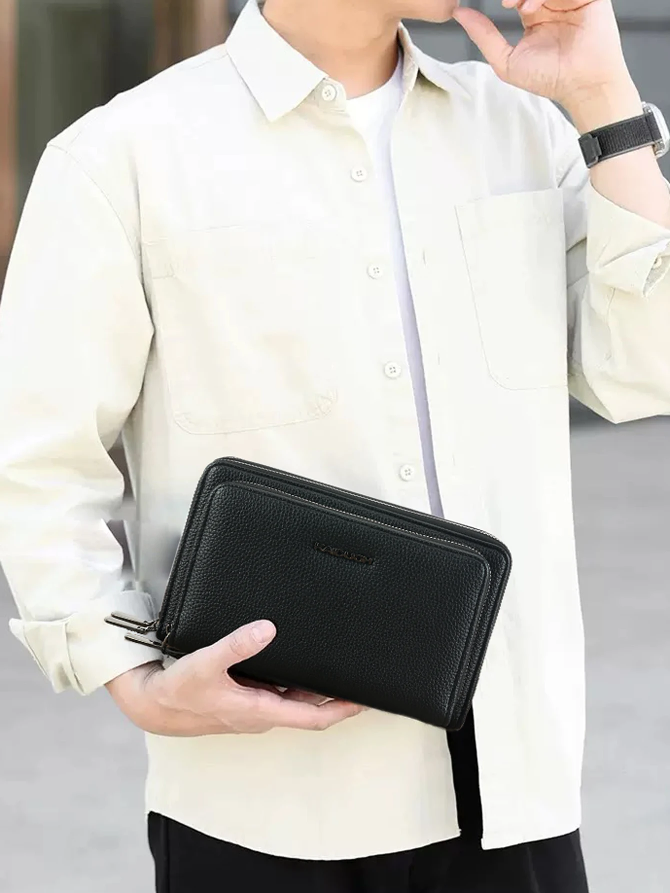 ​​Men's PU Leather Clutch Bag with Wrist Strap, Multi-Function Card Slots & Hidden Cash Pocket, Fits 6.3