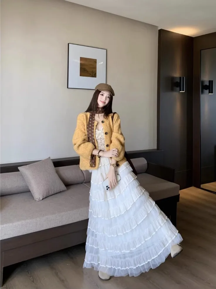 

Fashionable Korean Style Knitted Lace Trim Belted Long Skirt Three Piece Set Women's Spring New Arrival Soft Comfortable