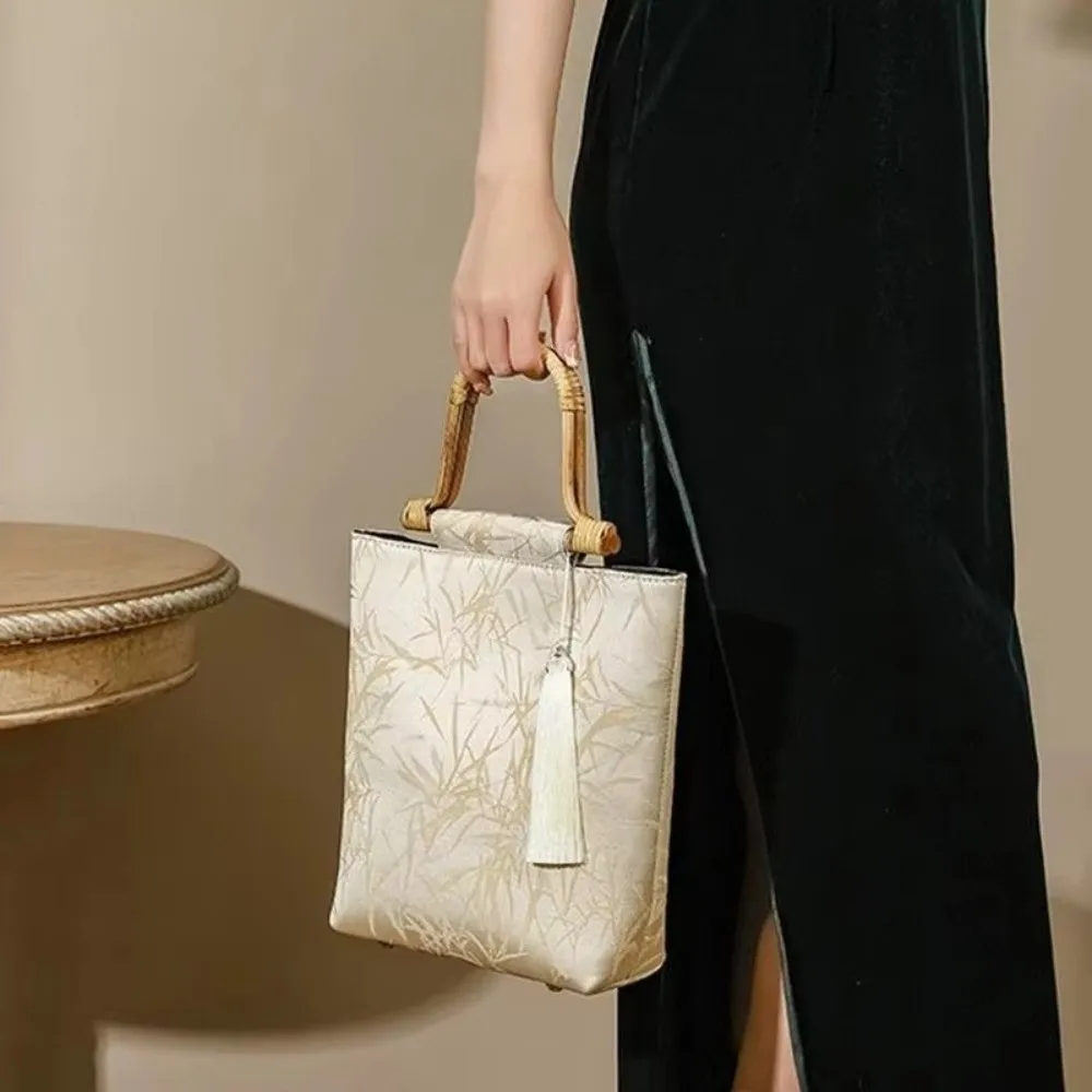 

Canvas Jacquard Tote Bag Bamboo Joint Large Capacity Chinese Style Handbag Hand-held Cheongsam Accessories Hanfu Underarm Bag