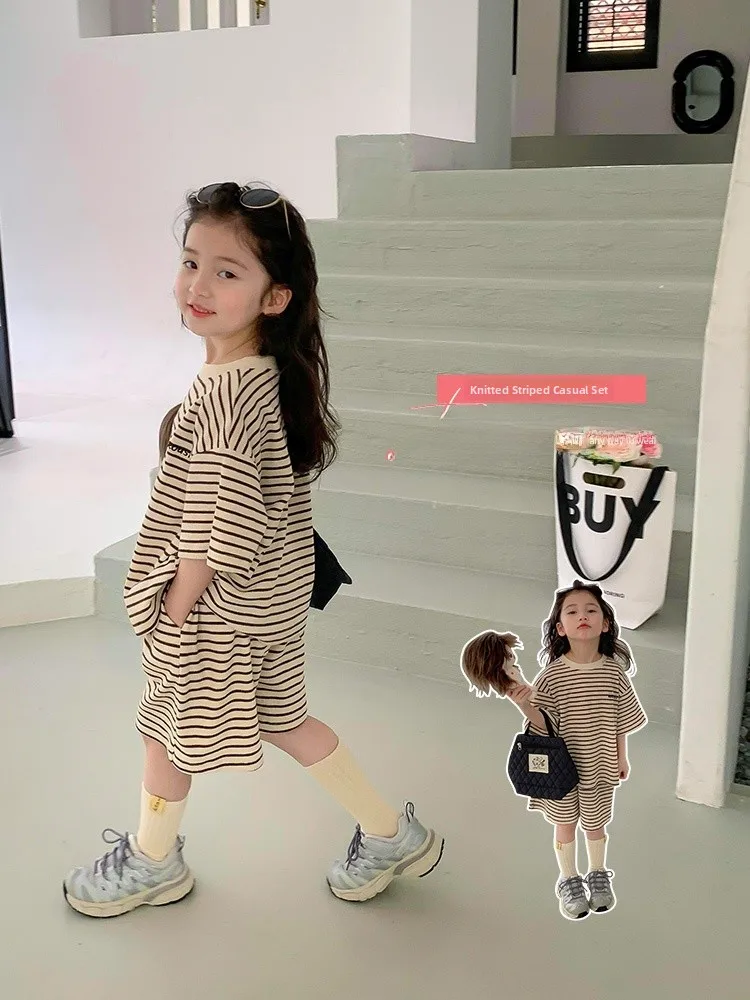 ensemble-deux-pieces-a-rayures-sportives-pour-filles-manches-courtes-vetements-decontractes-d'ete-pour-enfants-style-coreen-tissu-en-polyester-cadeau-pour-enfants
