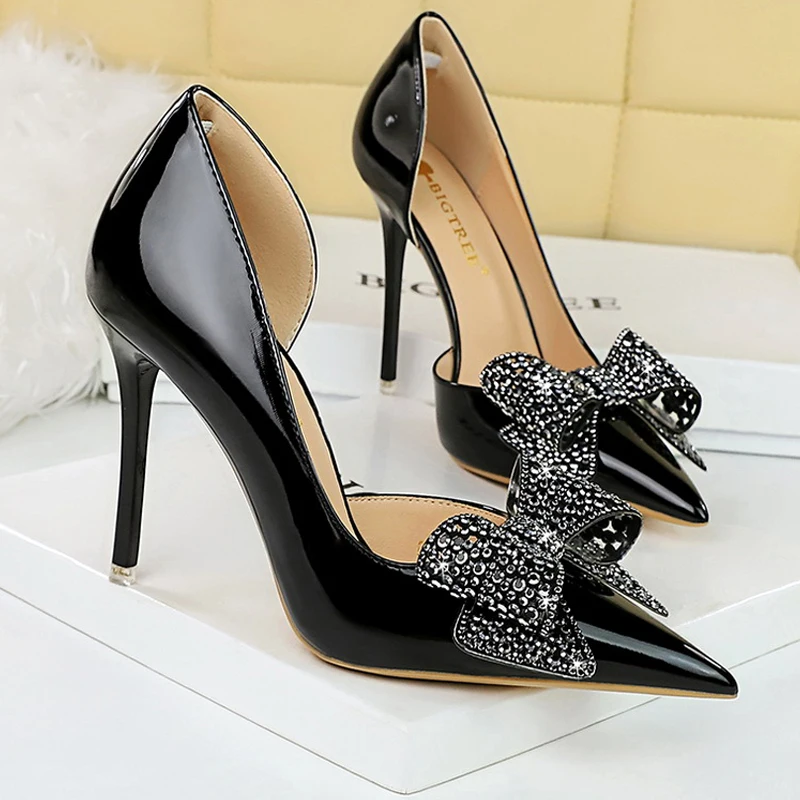 BIGTREE Shoes Luxury Pumps Women 10.5cm Heels Rhinestone Bowknot Lady Heels Stilettos Patent Leather High Heels Female Shoes