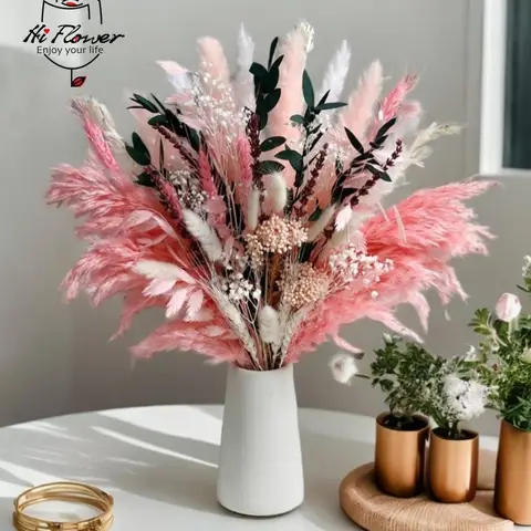 Pink Pampas Grass Dried Flowers Bouquet Home Decor Wedding Boho Style Floral Arrangement Without Flower Vase Large Dry Flowers