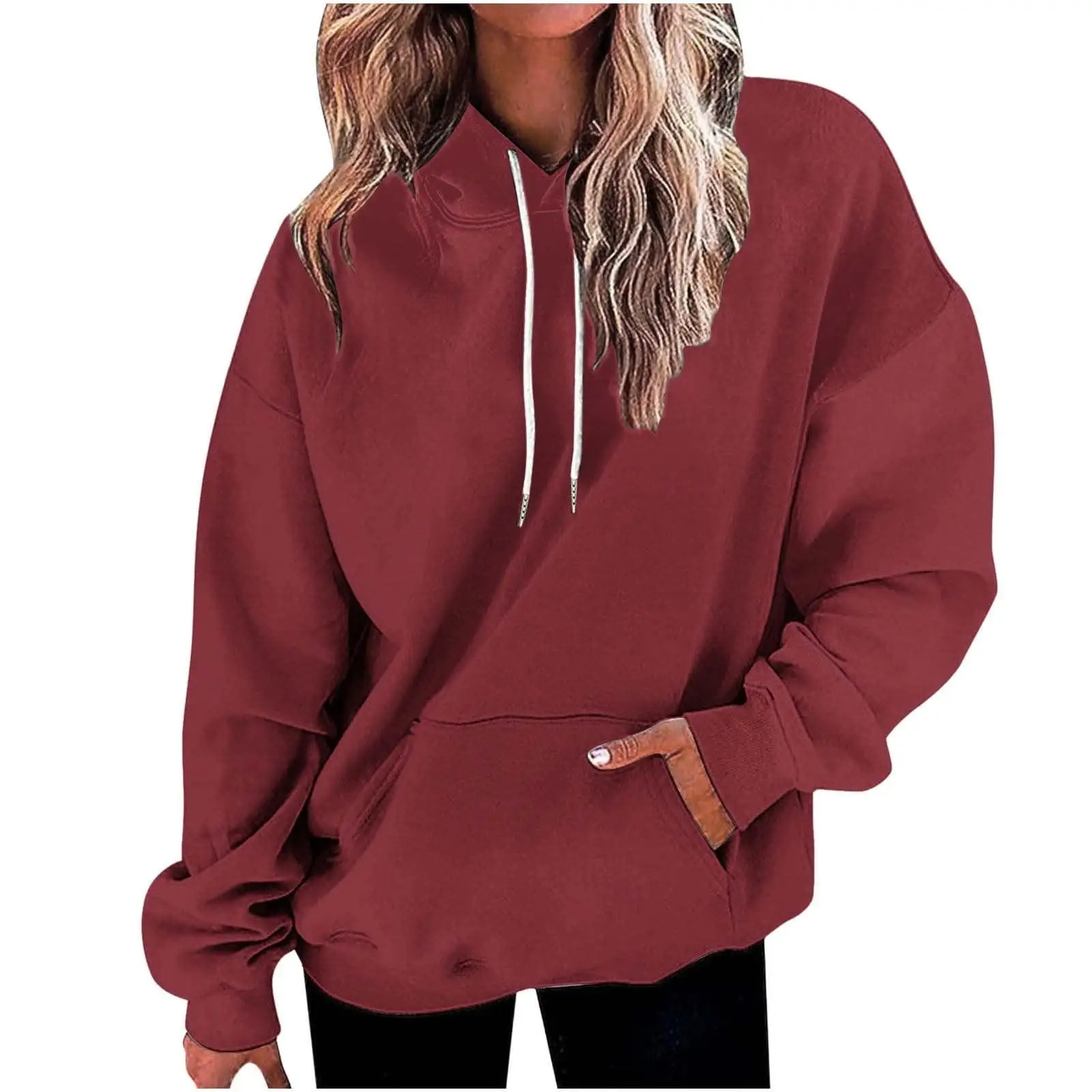 Solid Color Series Women's Clothing Amazon Autumn Long Sleeved Loose Pocket Simple Hooded Drawstring Hoodie WholesaleMC11