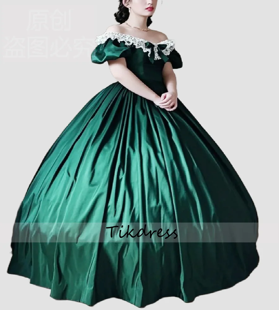 Schlichtes smaragdgrünes 1860-Abendkleid mit kurzen Ärmeln, Ballkleid, Satin, Spitze, Bürgerkriegs-Abschlussballkleid, mittelalterliches Kostüm, formell 2026