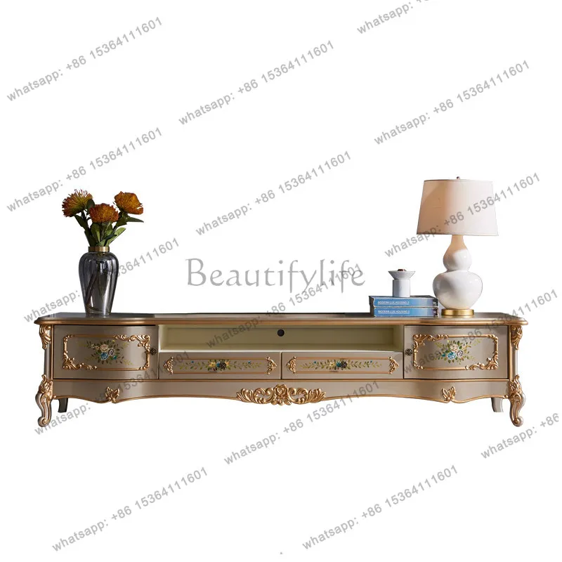 

Simple European TV cabinet American solid wood painted living room white champagne high-end French carved floor cabinet