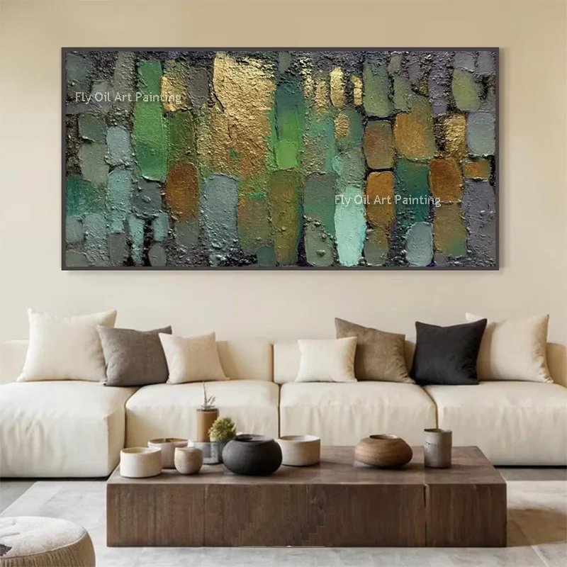 Abstract Brown Dark Green Canvas Artwork New Original Design Green Yellow Blocks Oil Painting For Living Room Decor As Gifts