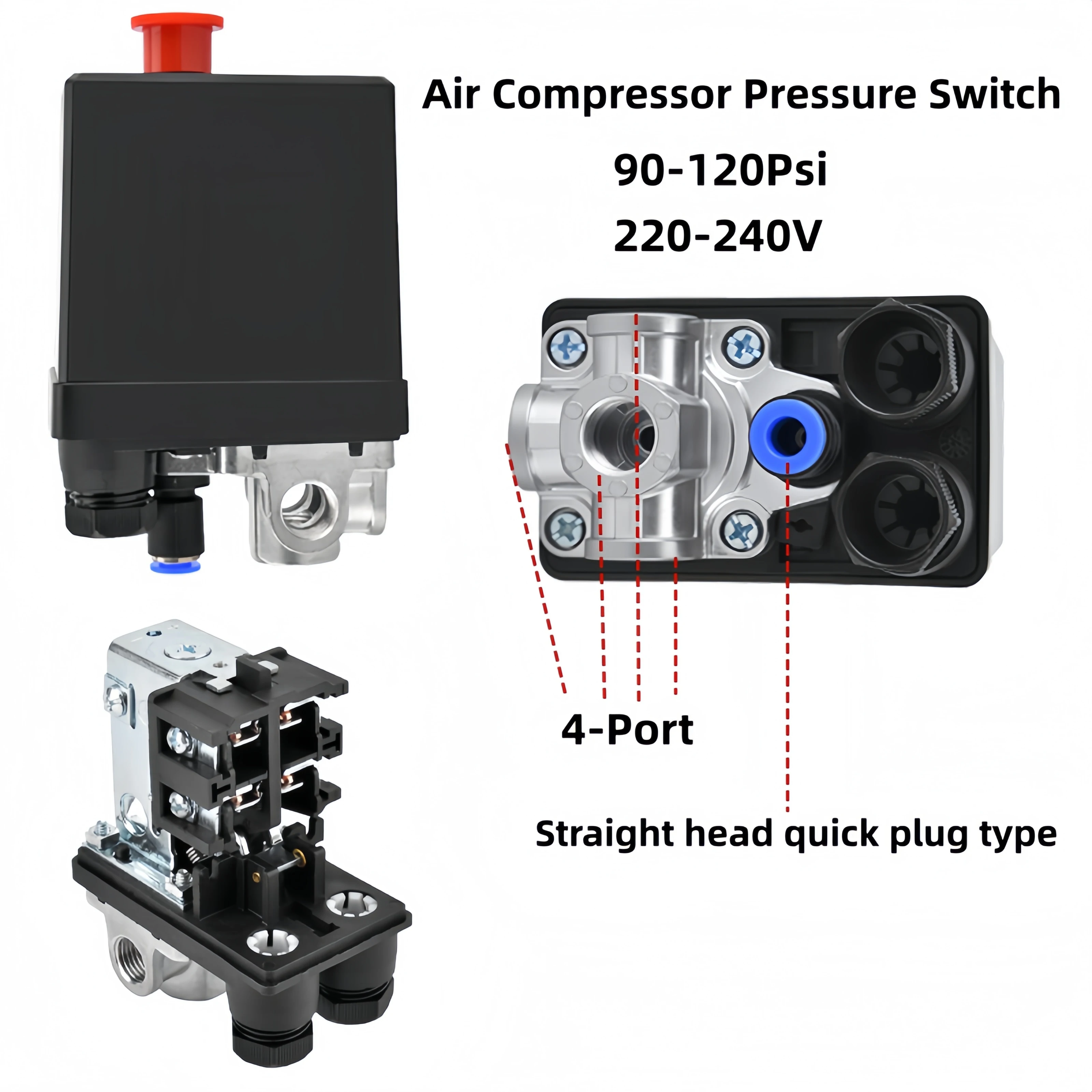 Straight Head Quick Plug Air Compressor Pressure Switch 90-120psi 4-Port Electric Air Compressor Tool Accessories