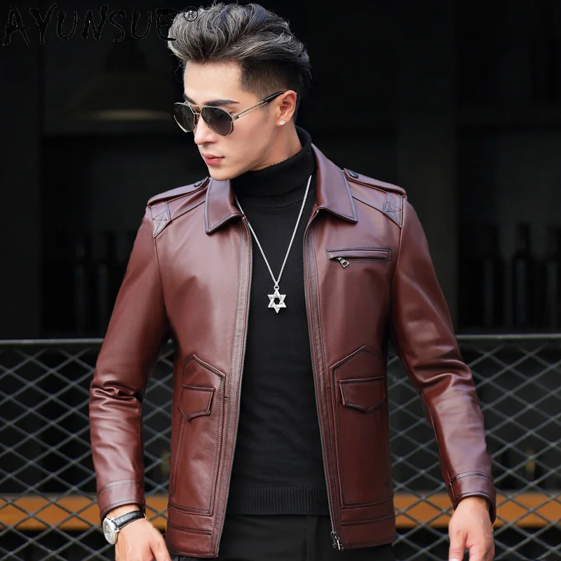 100% Genuine Cow Leather Jackets for Men Top Layer Cowhide Motorcycle Jacket Lapel Slim Coat Chaquetas