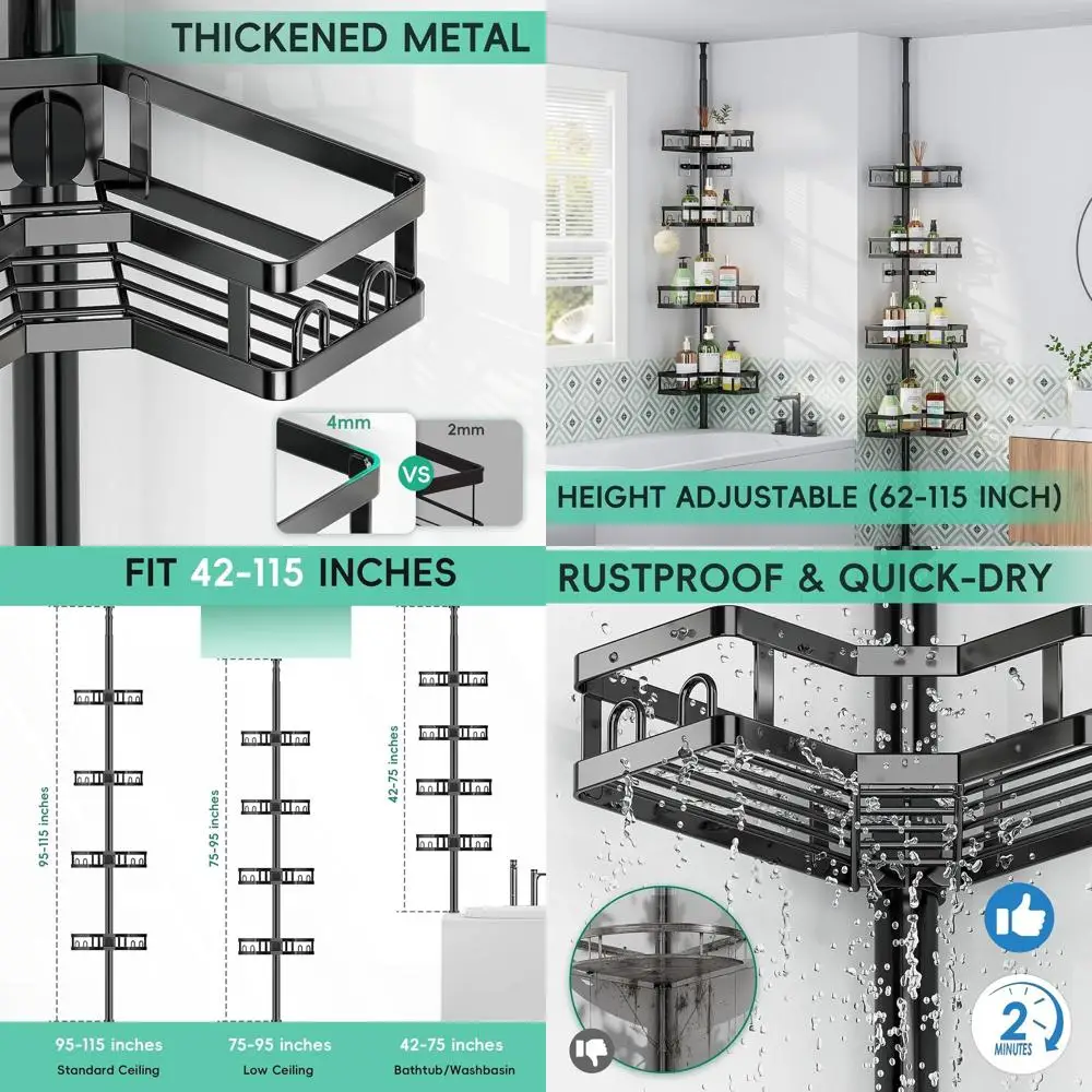 

Регулируемая угловая душевая кабина с натяжной стойкой, нержавеющий органайзер для хранения вещей 62–15 дюймов, черный
