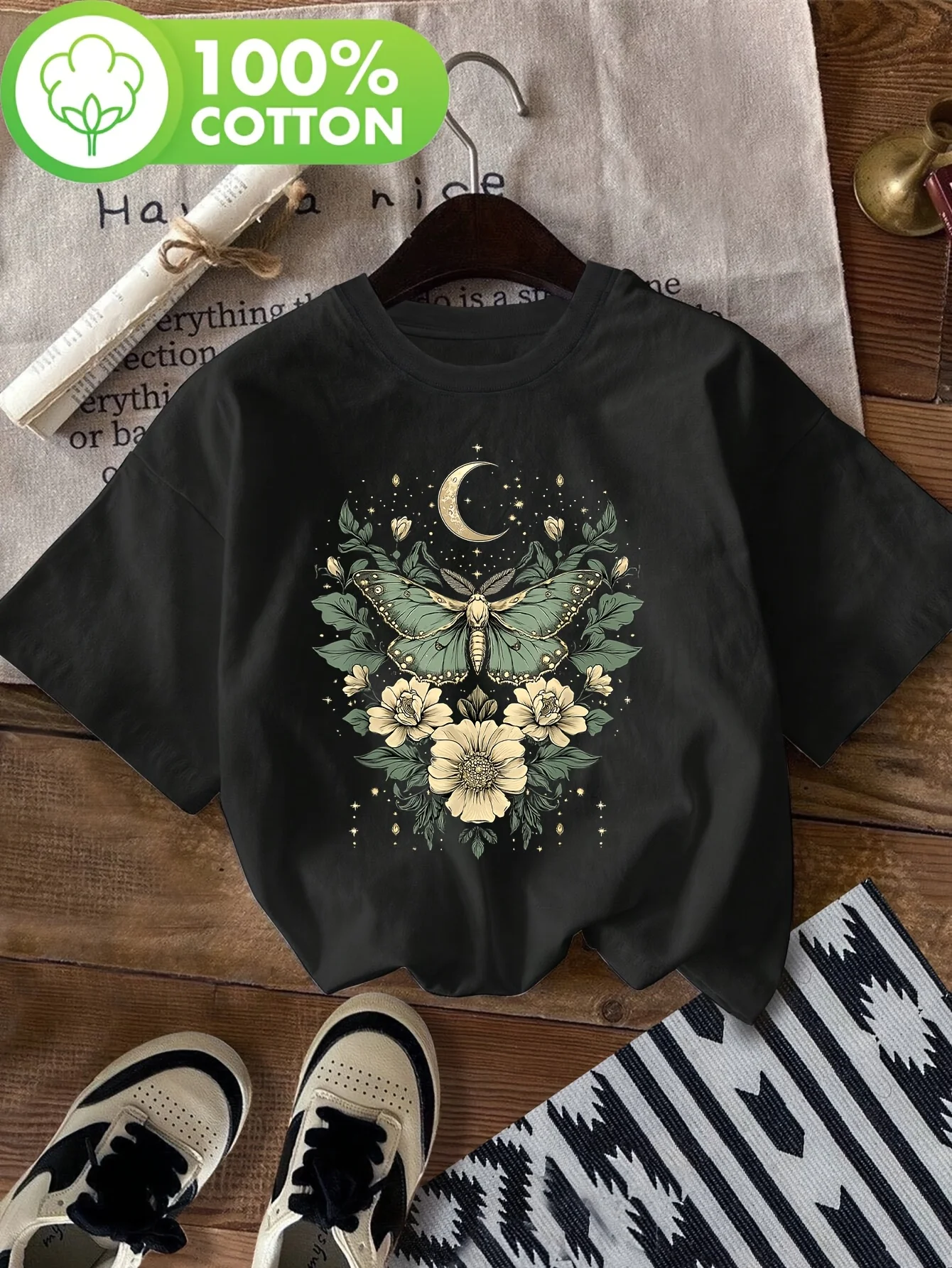 Women's Casual Short Sleeve Crew Neck 100% cotton T-Shirt Butterfly Floral Print with Moon Stars Spring & Summer Top Clothing