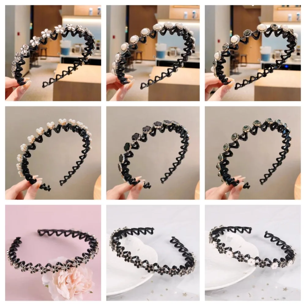 Обручи для волос для ленивых мужчин со стразами, обручи для волос с жемчугом и цирконом, плетеные инструменты, повязка для волос для мытья лица, элегантная зубчатая повязка на голову