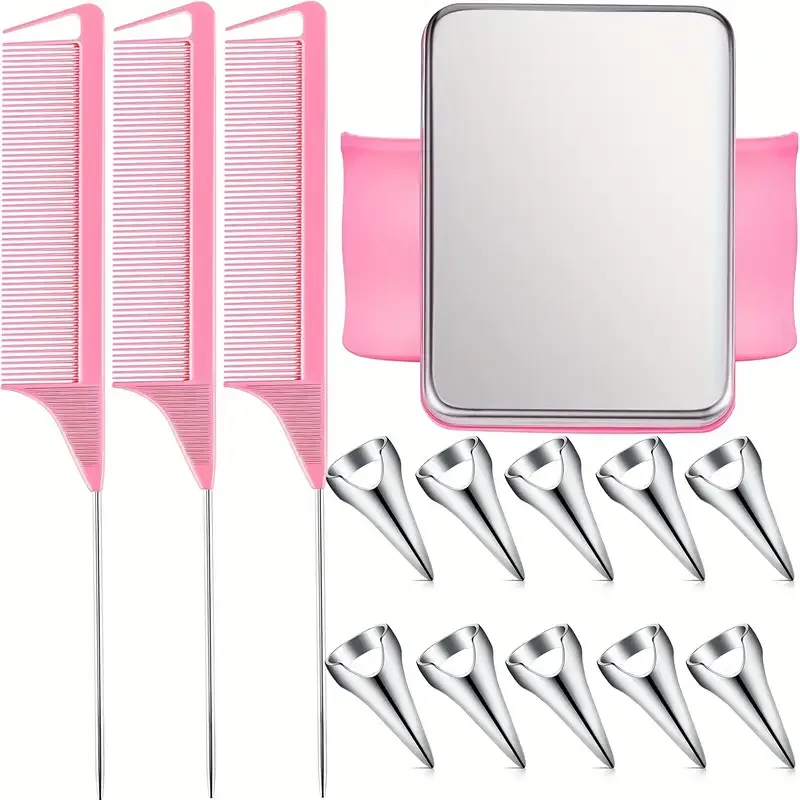 

10pcs Hair Parting Ring Set with 3 Steel Rat Tail Braiding Combs, Magnetic Wrist Pin and Selecting Tools for Parting and Braid