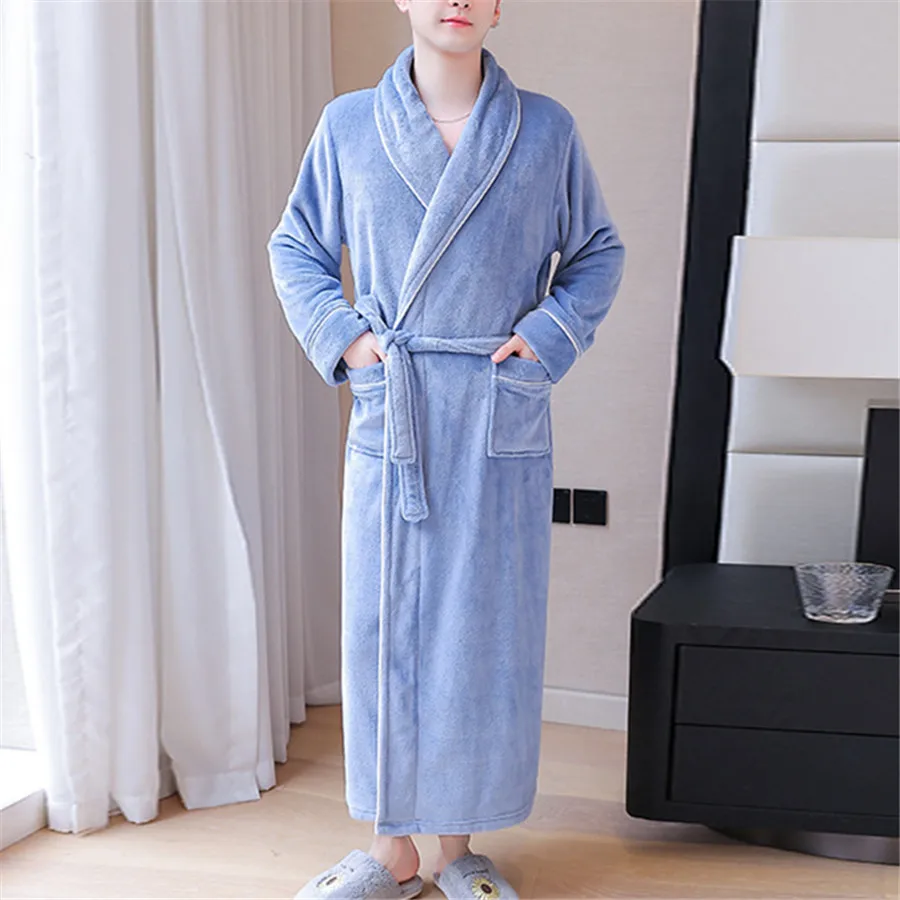 Men\'s Winter Thicken Flannel Robes V Neck Warm Bathrobe with Belt Men Fluffy Shower Robe Dressing Gown Male Sleepwear Housewear