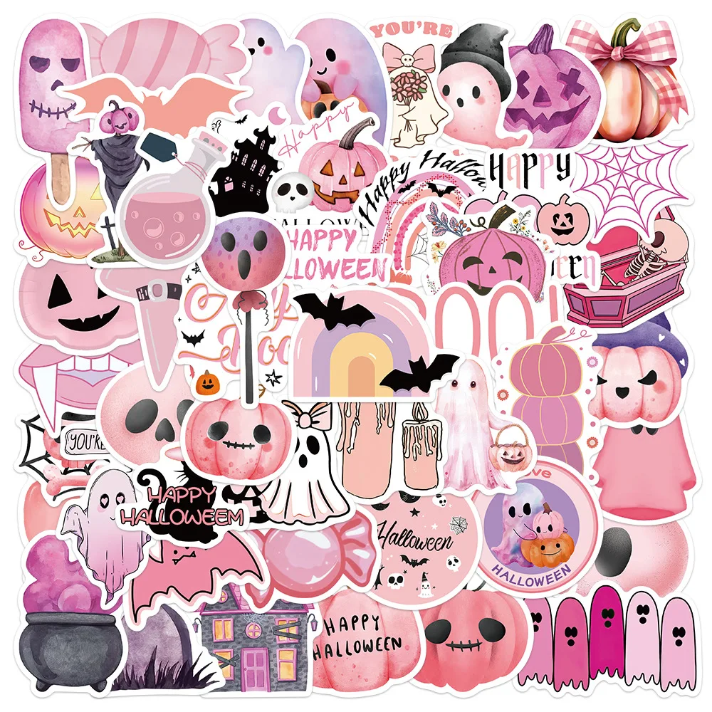 50Pcs Kawaii Pink Halloween Ghost Skull Pumpkin Stickers Notebook Guitar Skateboard Waterproof Cute Decorative Sticker