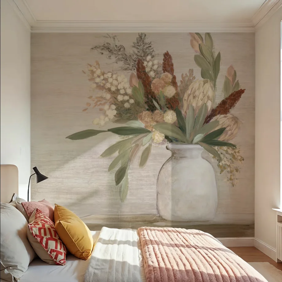 

Customized size mural hand-painted porcelain vase flower arrangement wallpaper, home decoration flower sketch 3d wallpaper mural