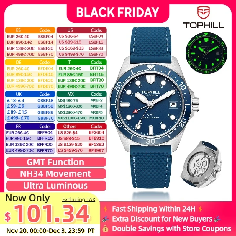 

Tophill Automatic Nh34 Field Dive Watch Gmt Watch Ceramic Bezel Bgw9 Lume 100m Waterproof Sapphire Crystal Gift