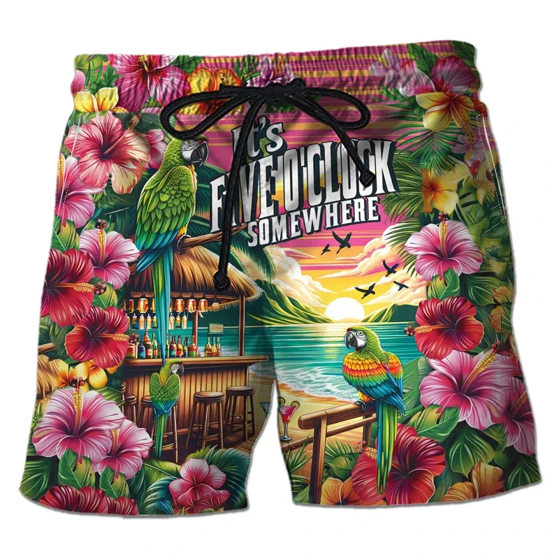 Pantalones cortos con estampado 3D de Tucán y loro para hombre, Shorts de playa hawaianos con patrón de plantas tropicales, Shorts de tabla de Surf, bañadores de baño de secado rápido