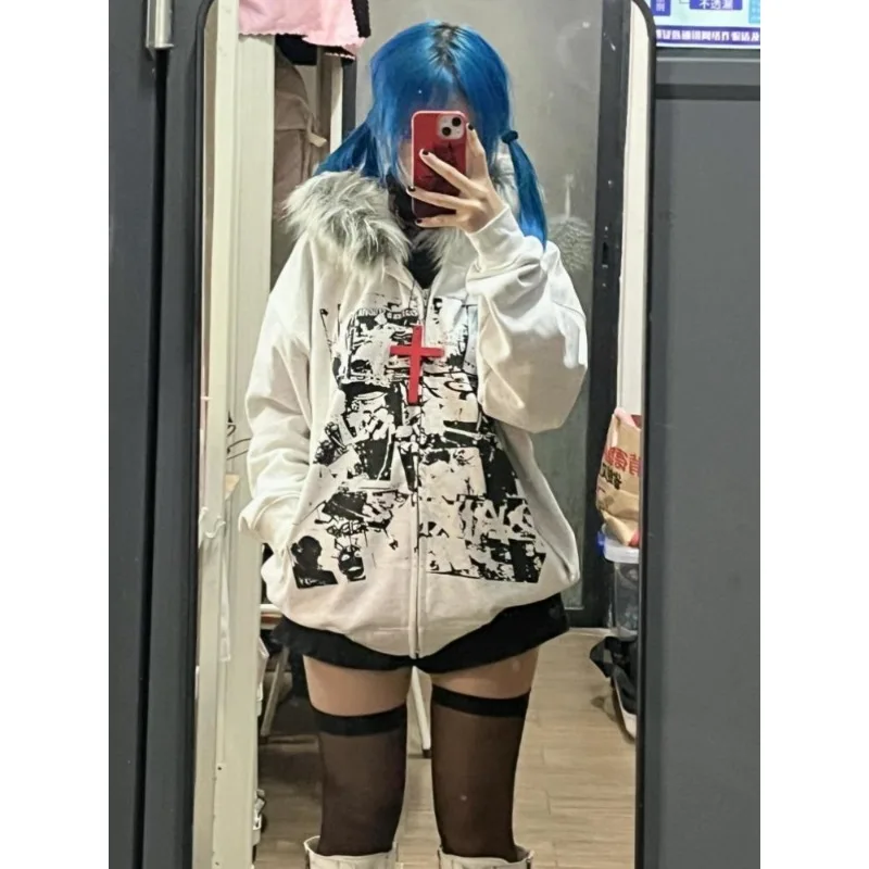 

Faux Fur Hooded Women Unique Gothic Harajuku Y2K Clothing Casual Subculture Punk Emo Sweatshirts Korean Fashion Coats Y2k Chic