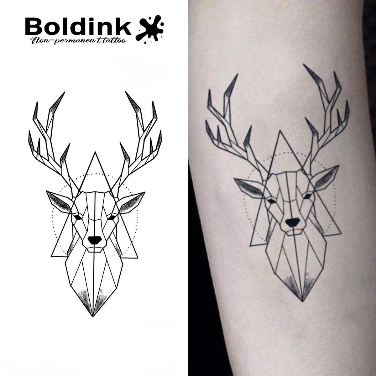 Boldink Geometric Deer Head Temporary Tattoo,Lasts To 15 Days New Technology Magic Waterproof Semi Permanent Sticker.