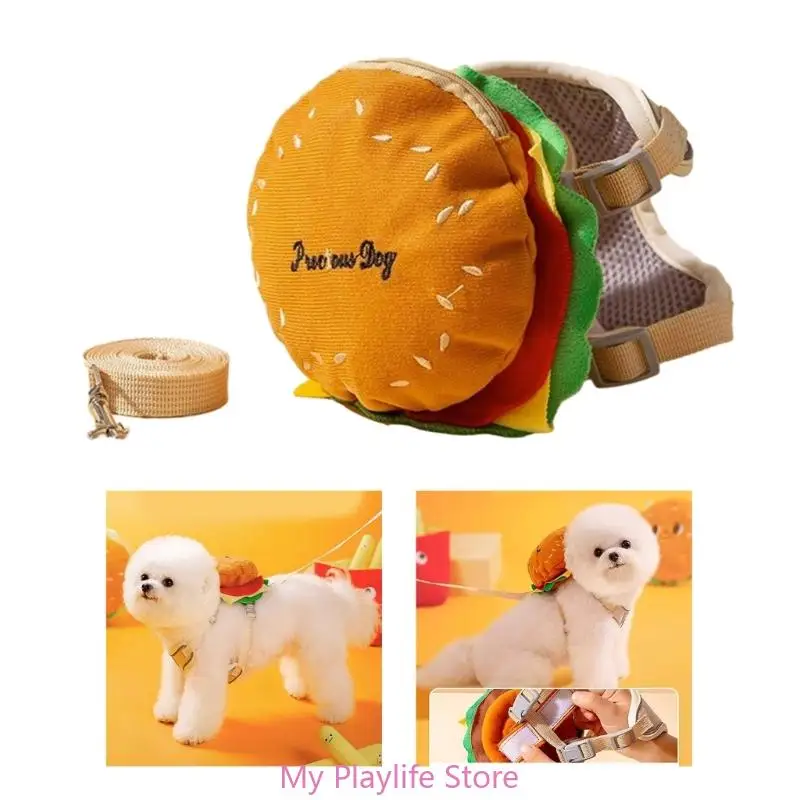 Pet Cartoon Hamburger Design Adjustable Vest Leash Rope Cats Dogs Walking Tow Rope with Backpack Escape Proof Vest Tow Rope