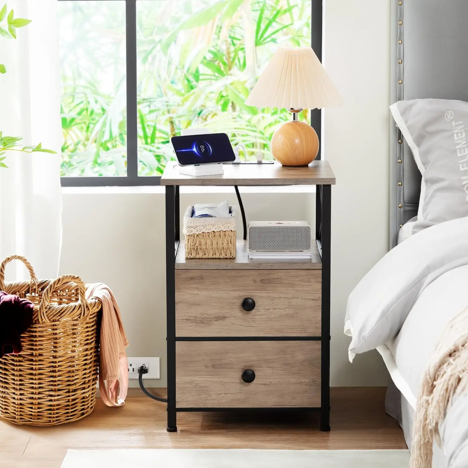 Night Stand Set 2, Nightstand with Charging Station, End Tables Living Room with USB Ports and Outlets, Bedside Table